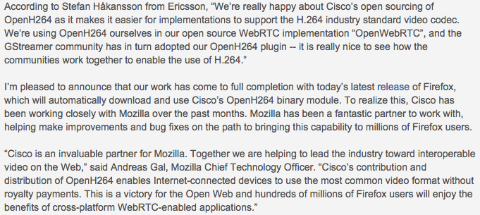 Cisco's OpenH.264 used by Mozilla and Ericsson
