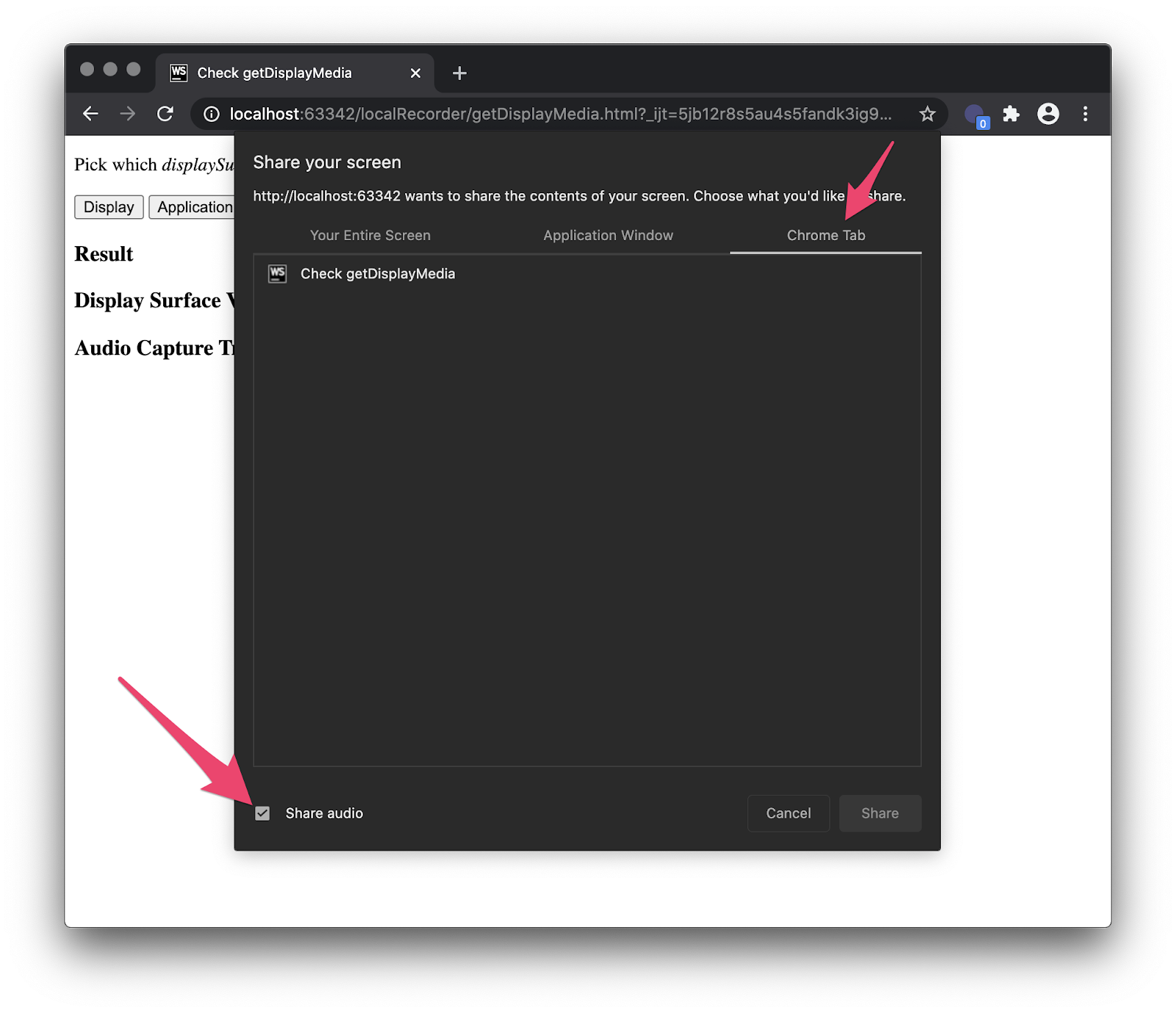 getDisplayMedia with audio on Chrome 