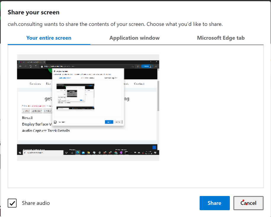 getDisplayMedia with audio on Edge in Windows 