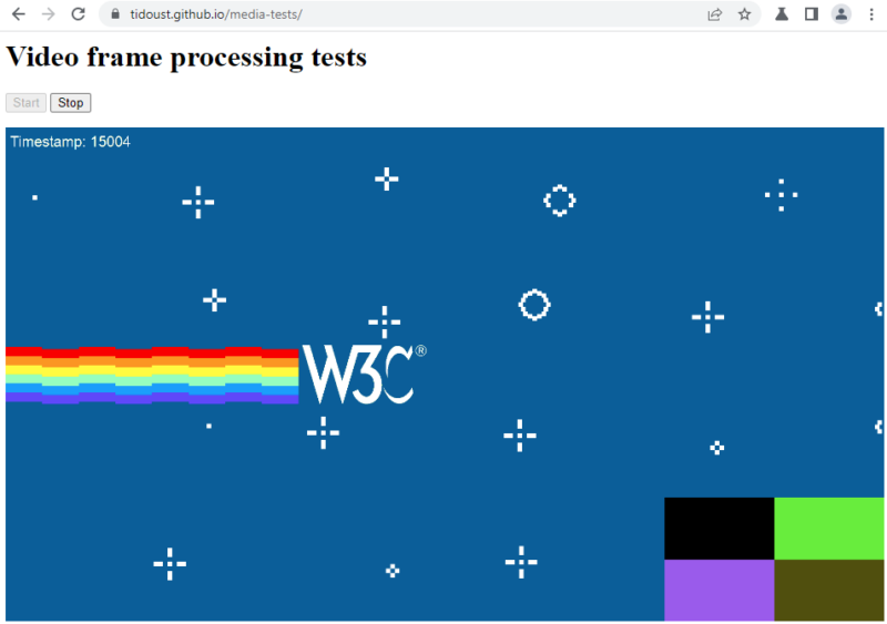 Running demo features a Nyan-cat-like animation with the W3C logo, over a blue background which replaced the original green and the overlay in the bottom-right corner.