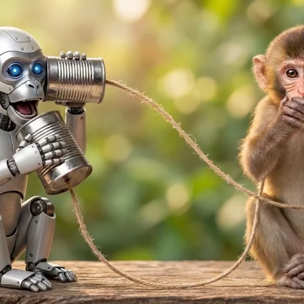 A robot monkey talks into a tin-can telephone while holding the listening can to its own ear; a baby monkey covers its mouth beside it.