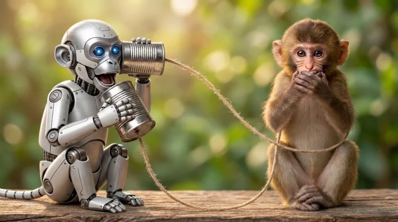 A robot monkey talks into a tin-can telephone while holding the listening can to its own ear; a baby monkey covers its mouth beside it.